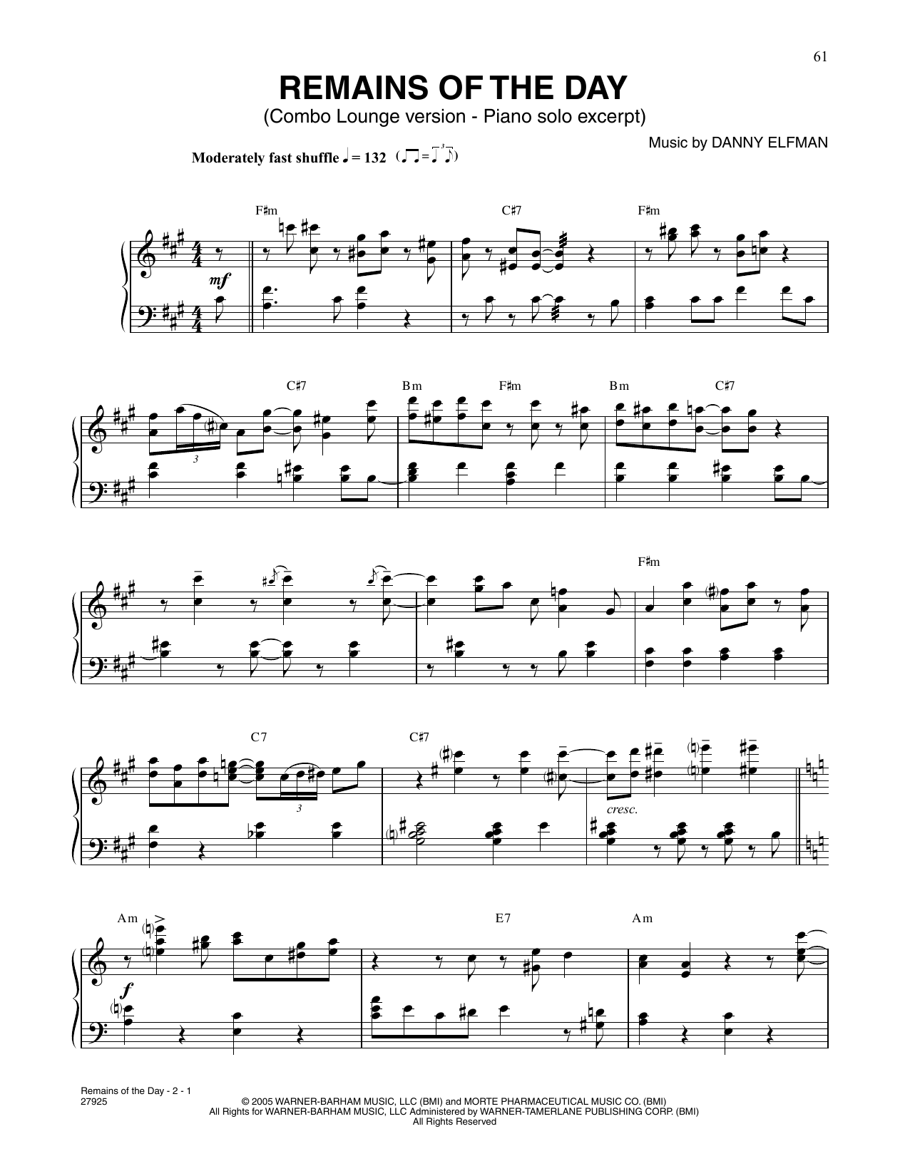 Danny Elfman Remains Of The Day (Combo Lounge version - piano solo excerpt) (from Corpse Brid Sheet Music