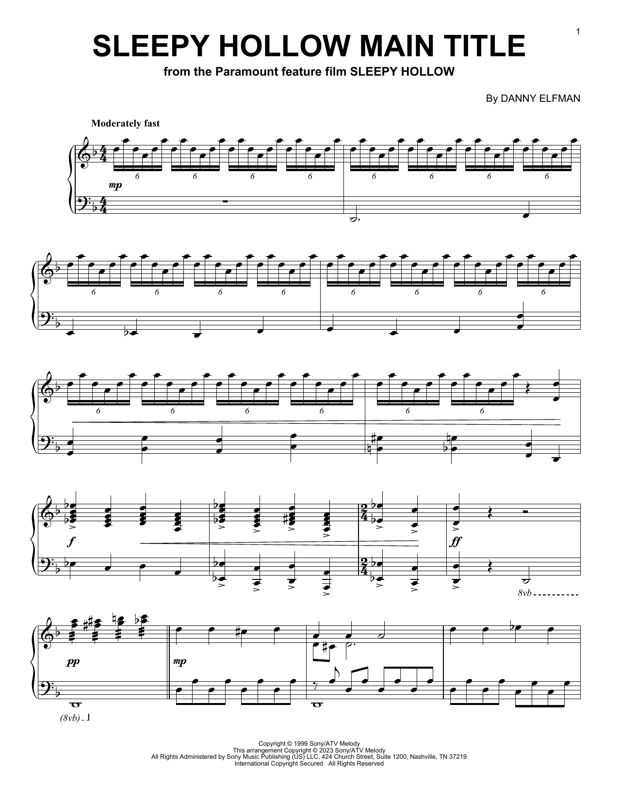 Danny Elfman Sleepy Hollow Main Title Sheet Music