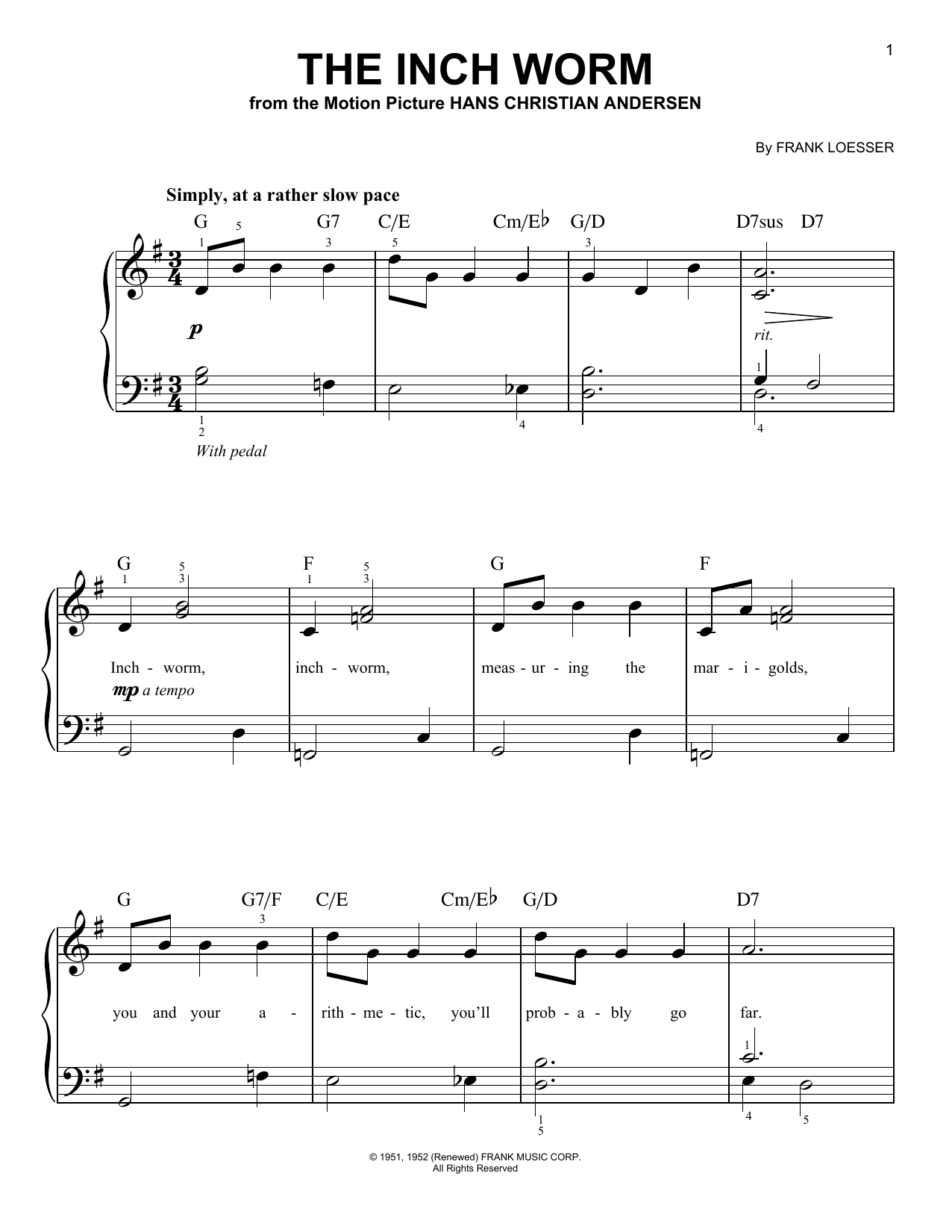 Danny Kaye The Inch Worm (from Hans Christian Andersen) Sheet Music
