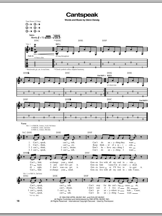 Danzig Cantspeak Sheet Music