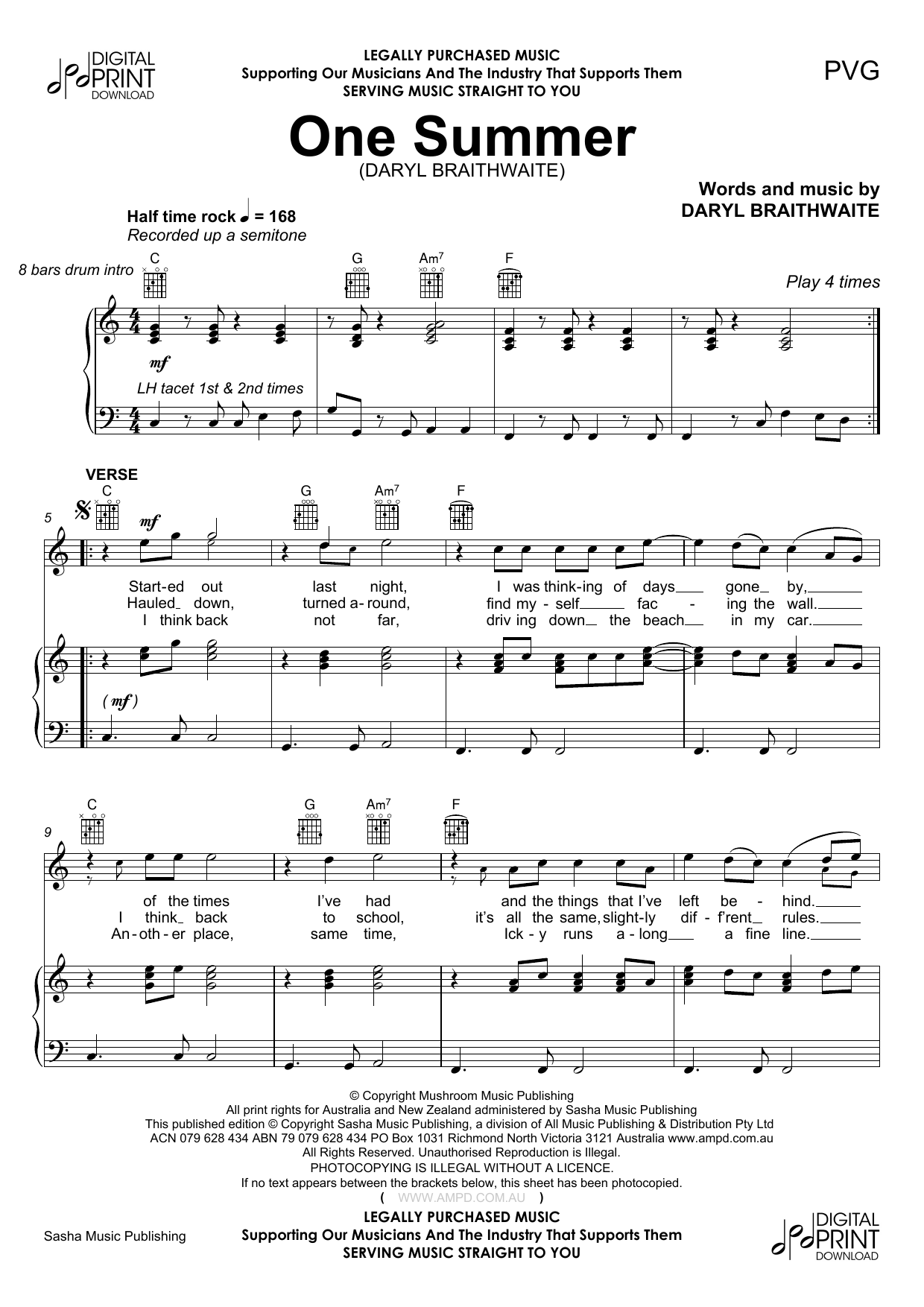 Daryl Braithwaite One Summer Sheet Music