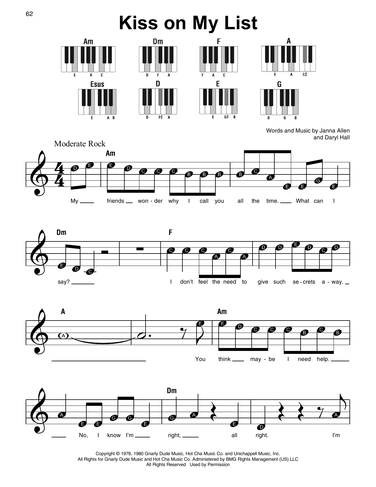 Daryl Hall & John Oates Kiss On My List Sheet Music