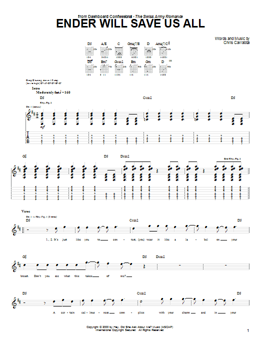 Dashboard Confessional Ender Will Save Us All Sheet Music