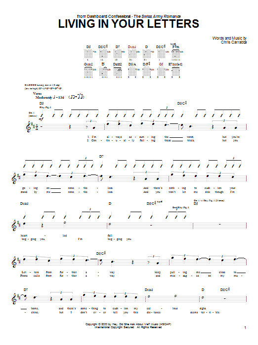 Dashboard Confessional Living In Your Letters Sheet Music