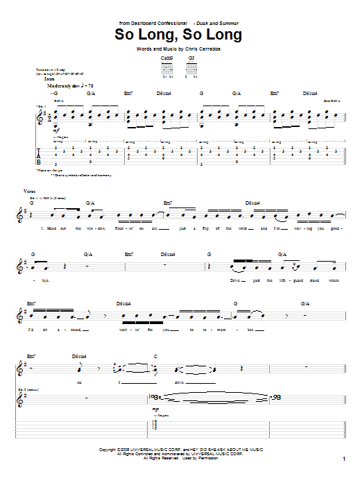 Dashboard Confessional So Long, So Long Sheet Music