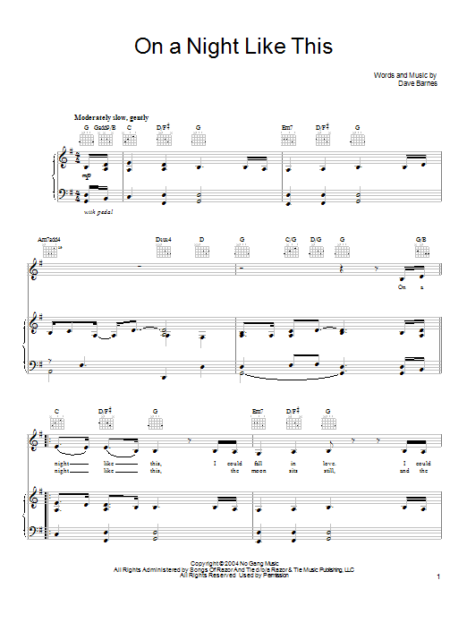 Dave Barnes On A Night Like This Sheet Music