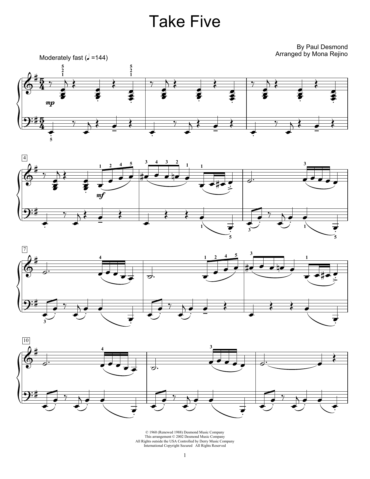 Dave Brubeck Take Five (arr. Mona Rejino) Sheet Music