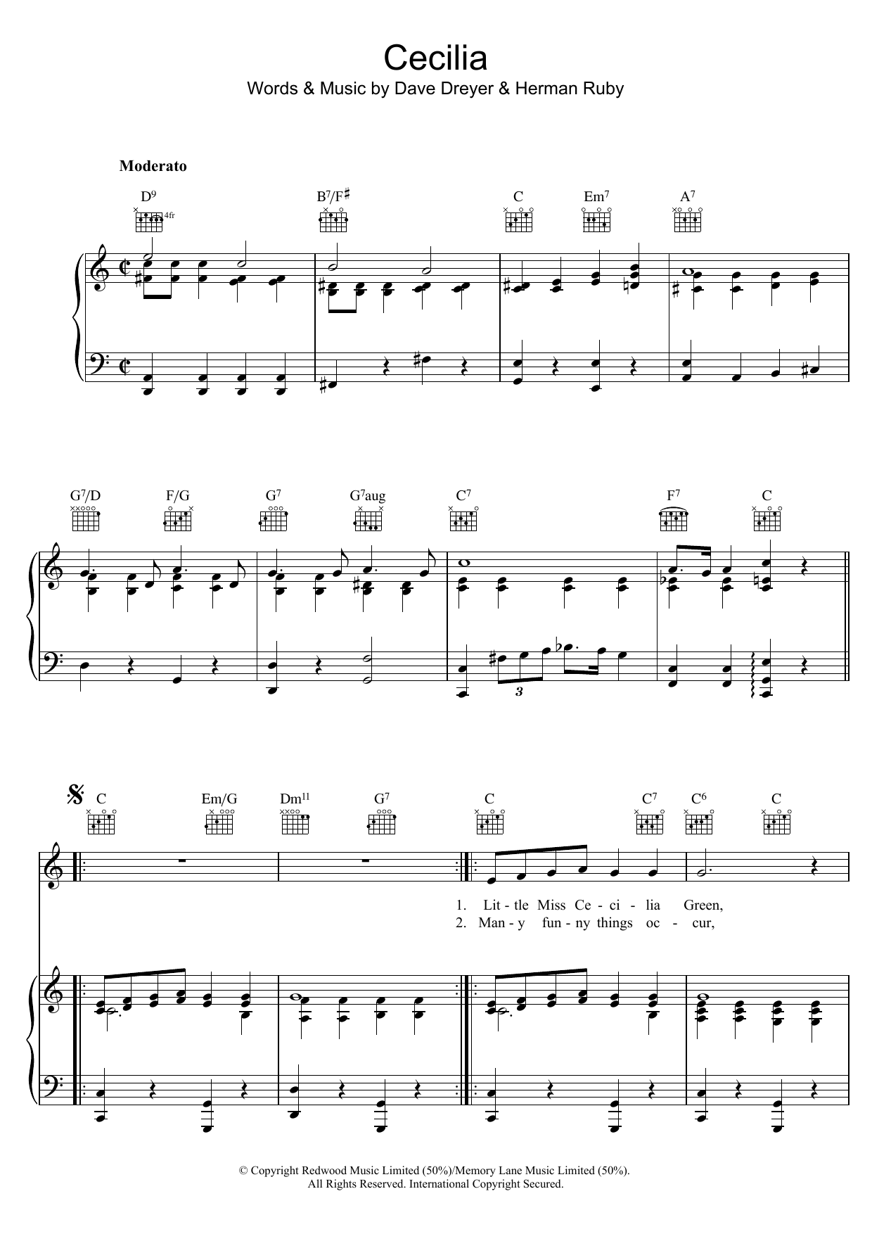 Dave Dreyer Cecilia Sheet Music