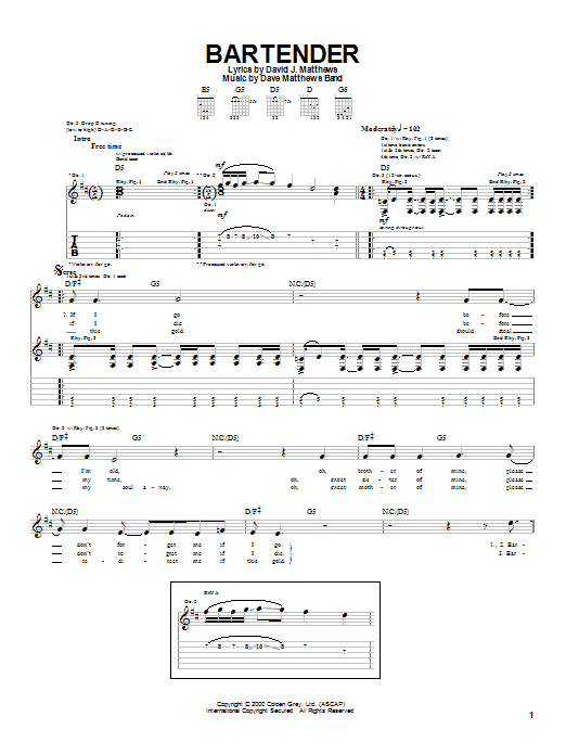 Dave Matthews Band Bartender Sheet Music