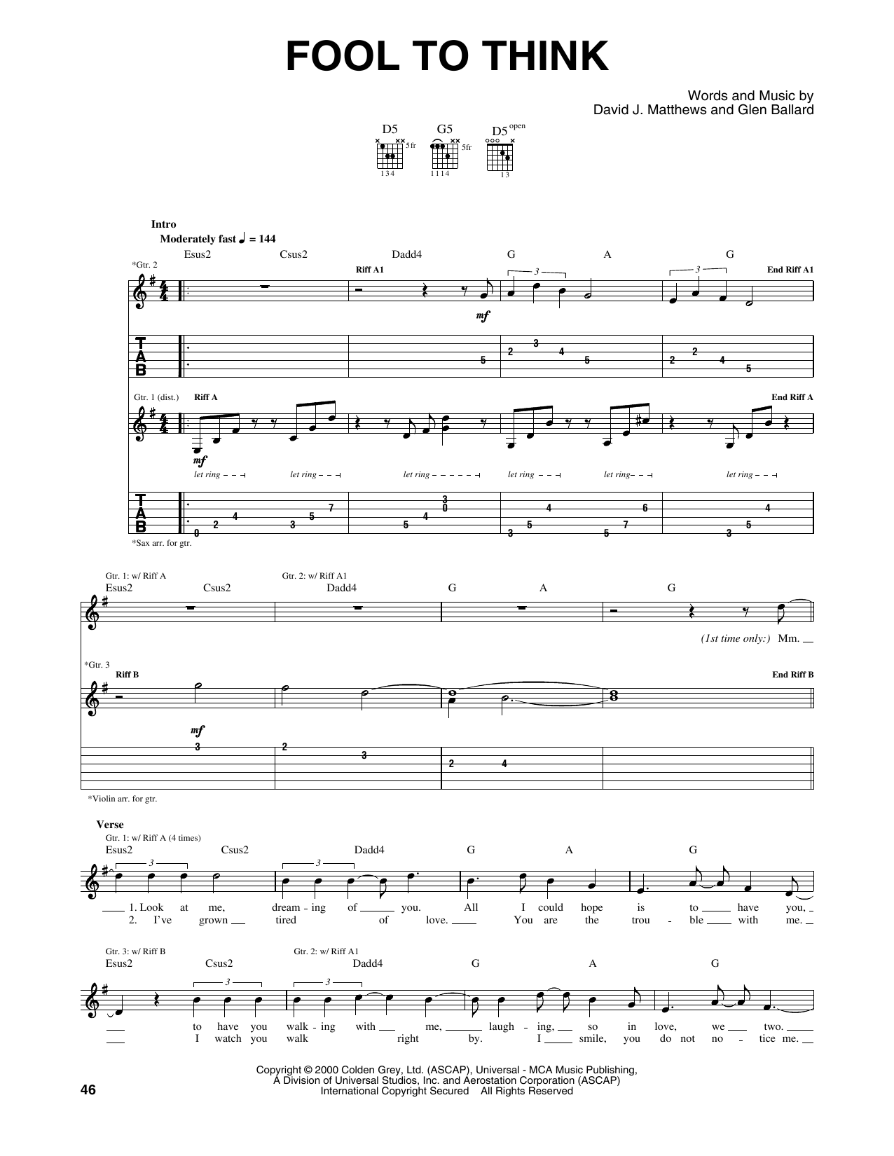 Dave Matthews Band Fool To Think Sheet Music