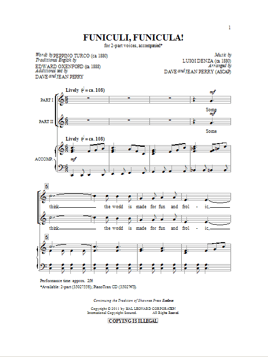 Dave Perry Funiculi, Funicula Sheet Music
