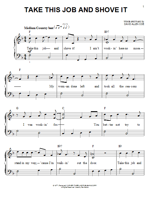 David Allan Coe Take This Job And Shove It Sheet Music