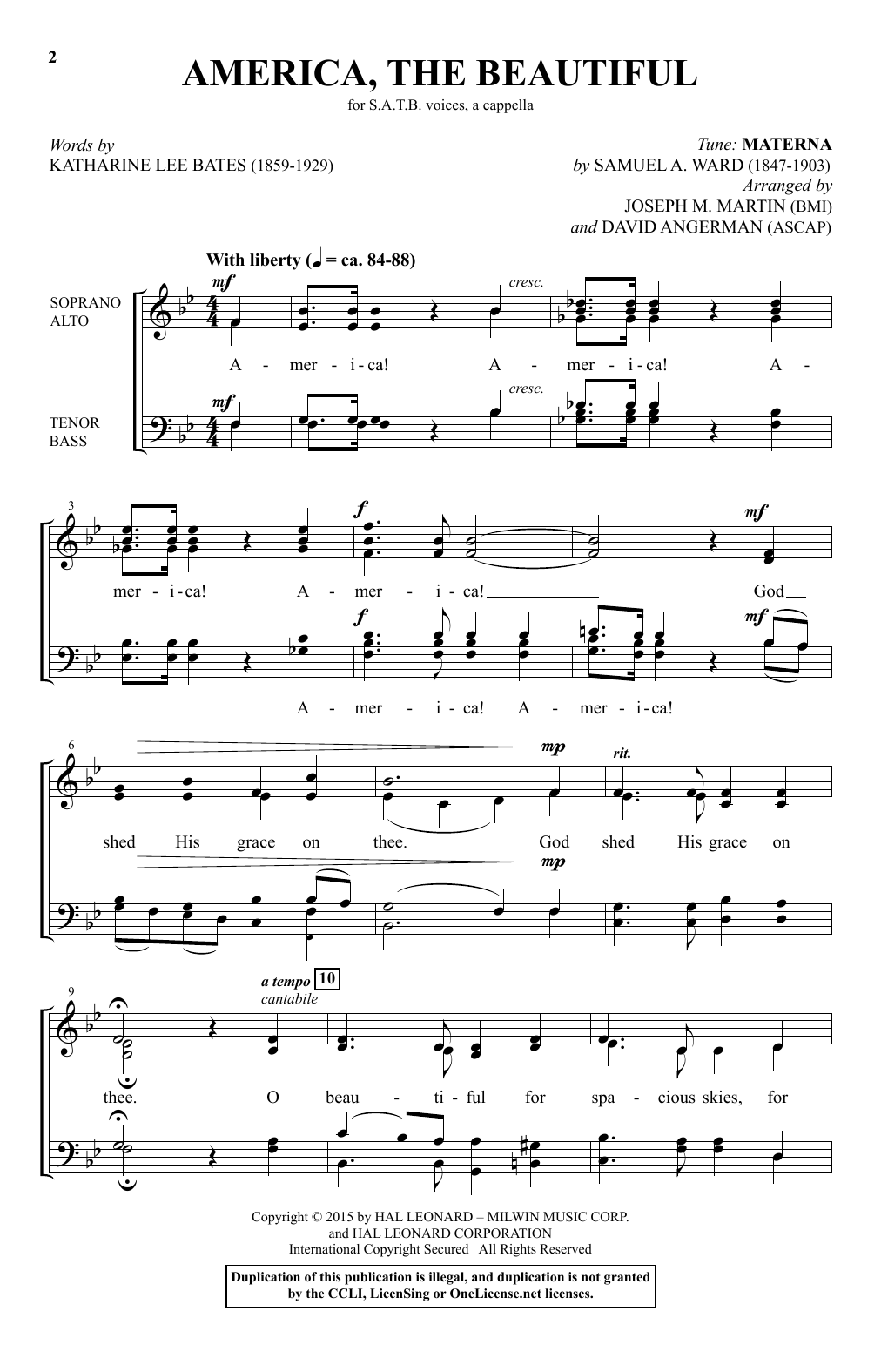 David Angerman America, The Beautiful Sheet Music