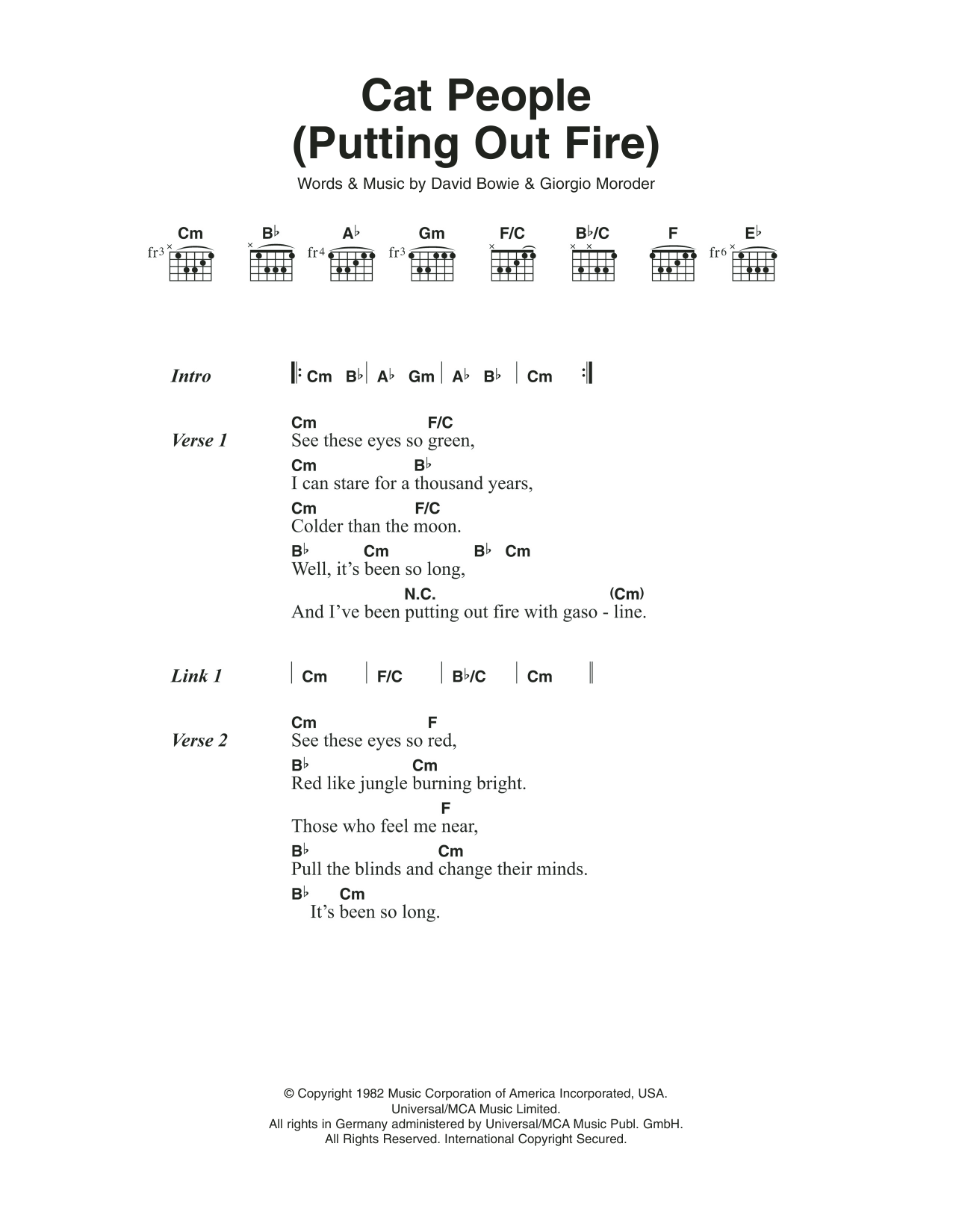 David Bowie Cat People (Putting Out Fire) Sheet Music