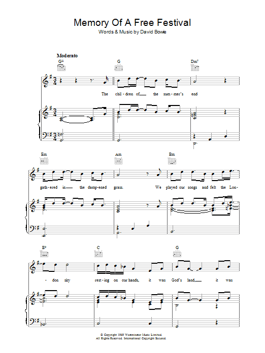 David Bowie Memory Of A Free Festival Sheet Music
