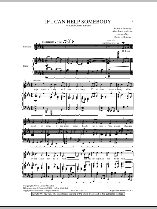 David Brunner If I Can Help Somebody Sheet Music