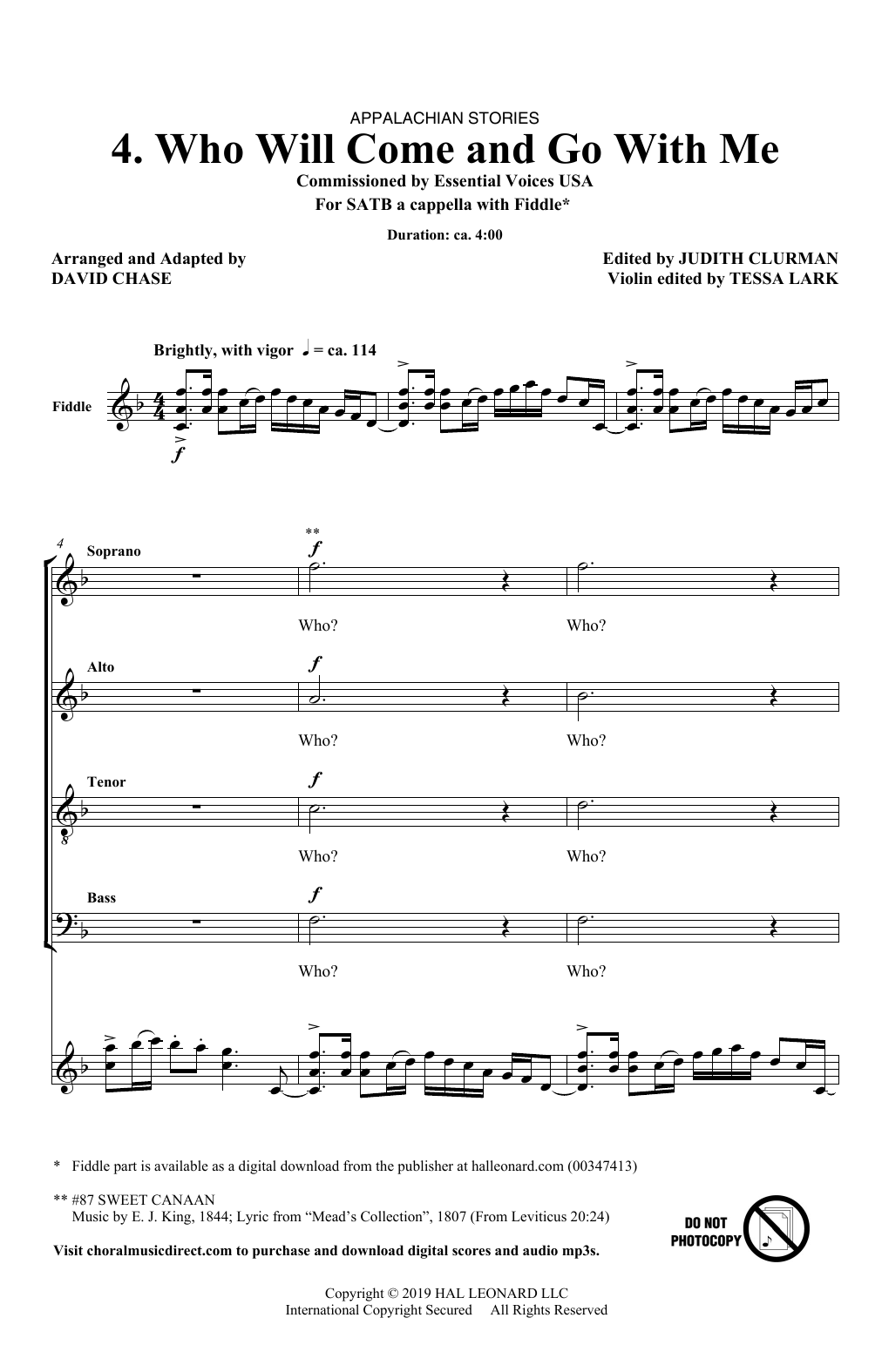 David Chase Who Will Come And Go With Me (No. 4 from Appalachian Stories) Sheet Music