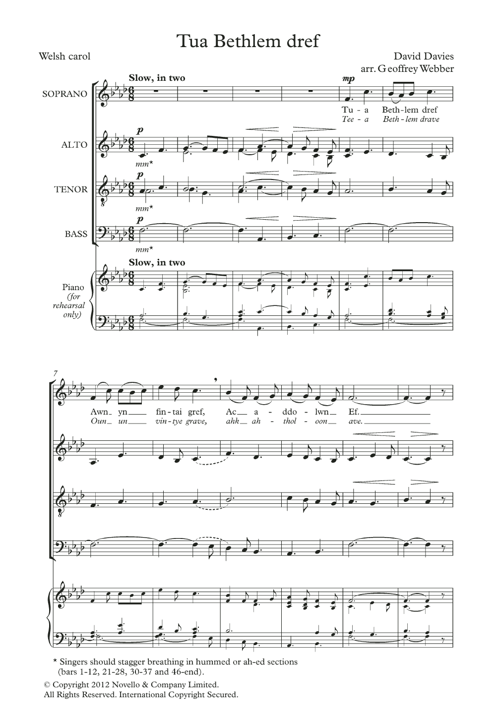 David Davies Tua Bethlem Dref (arr. Geoffrey Webber) Sheet Music