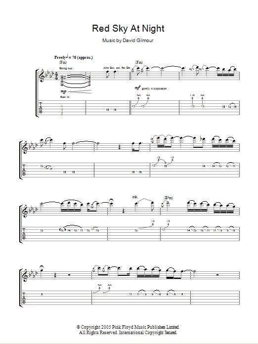 David Gilmour Red Sky At Night Sheet Music