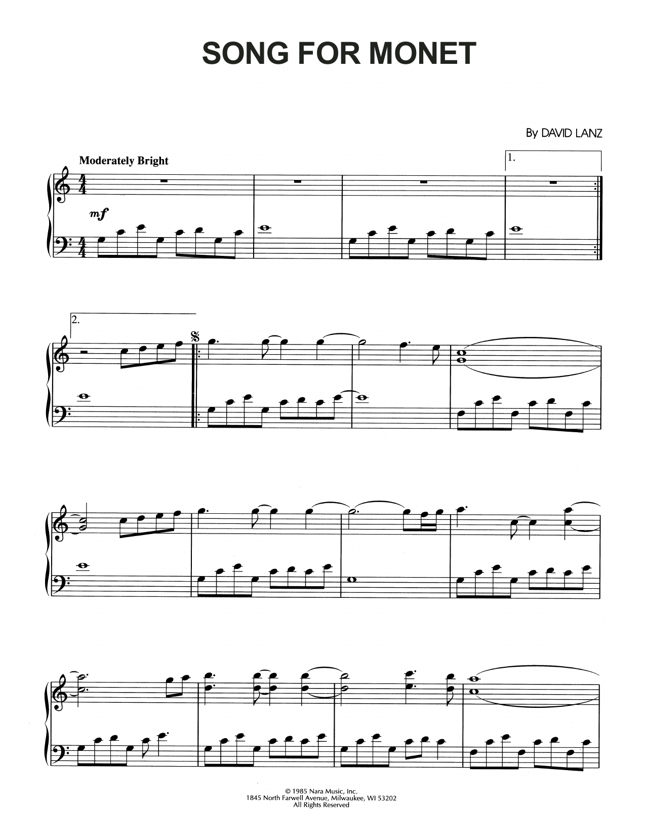David Lanz Song For Monet Sheet Music