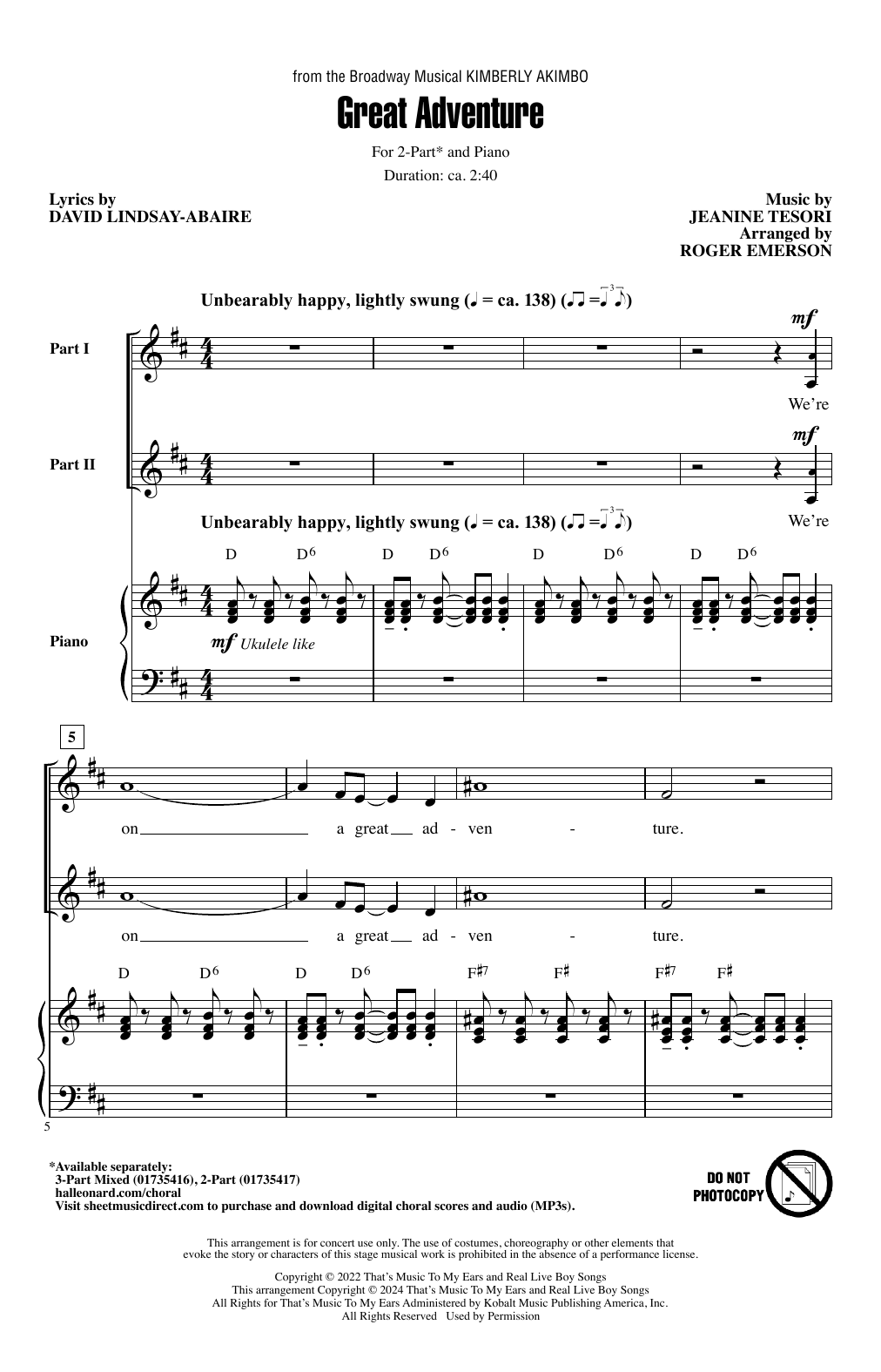 David Lindsay-Abaire and Jeanine Tesori Great Adventure (from Kimberkly Akimbo) (arr. Roger Emerson) Sheet Music