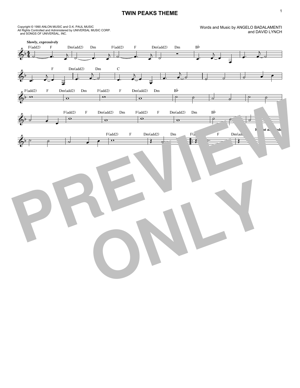David Lynch Twin Peaks Theme Sheet Music