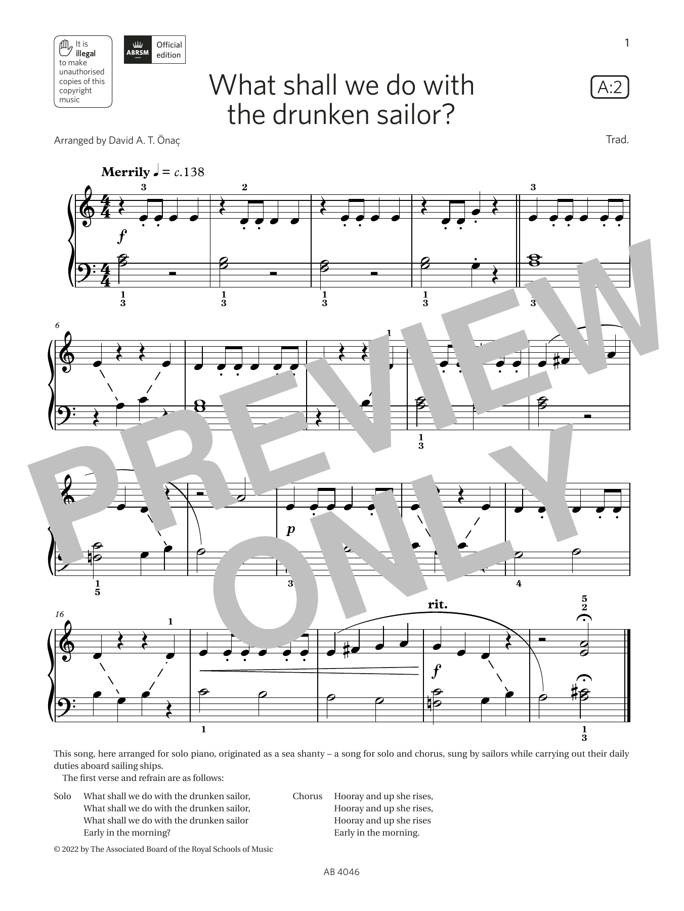 David Önac What shall we do with the drunken sailor? (Grade Initial, list A2, ABRSM Piano S Sheet Music