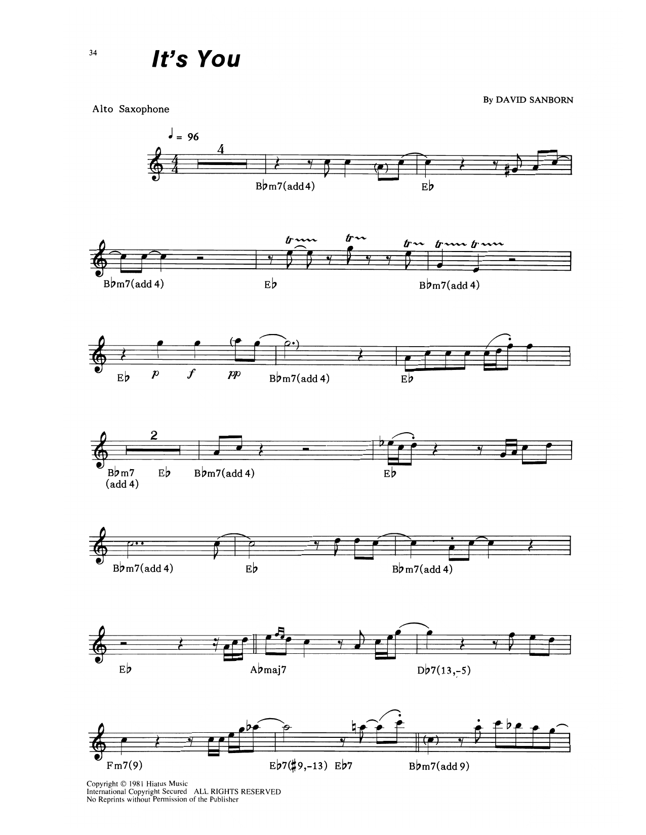 David Sanborn It's You Sheet Music