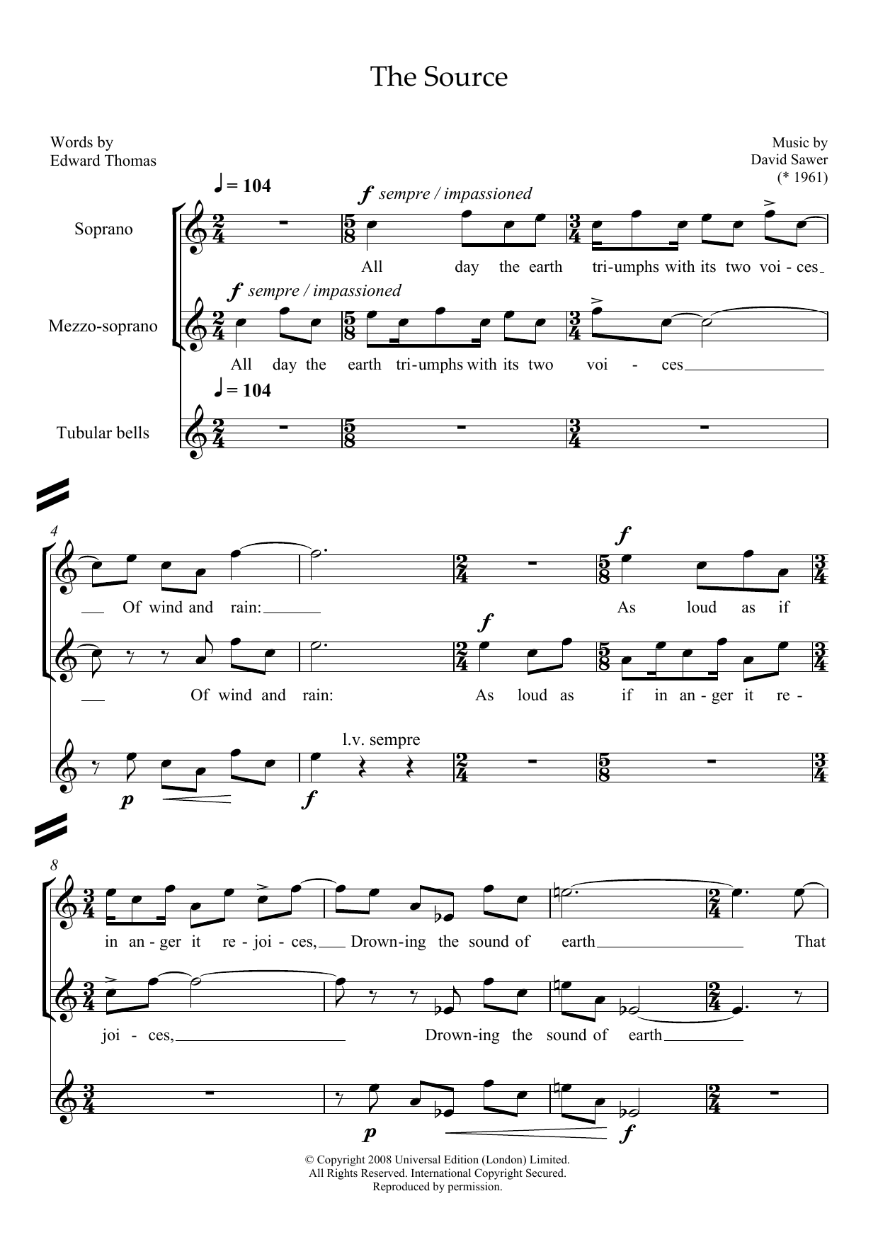 David Sawer The Source (for soprano, mezzo-soprano and tubular bells) Sheet Music