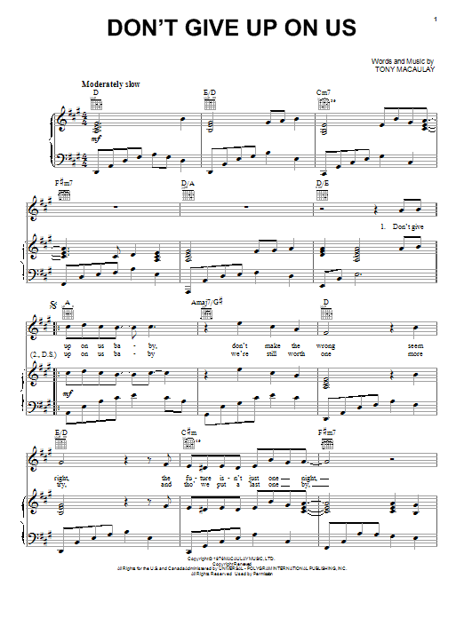 David Soul Don't Give Up On Us Sheet Music
