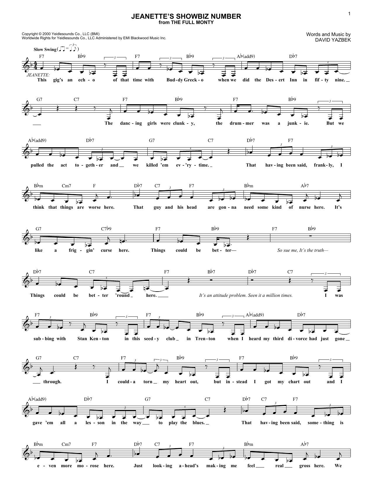 David Yazbek Jeanette's Showbiz Number Sheet Music