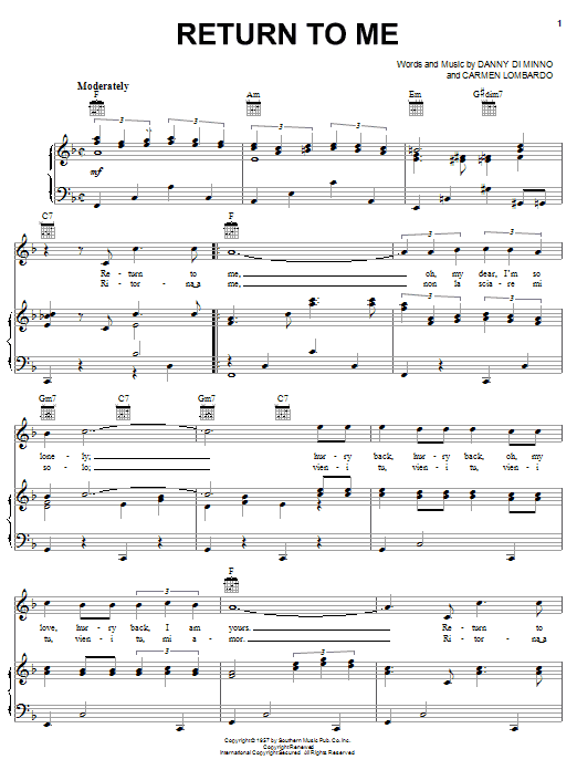 Dean Martin Return To Me Sheet Music