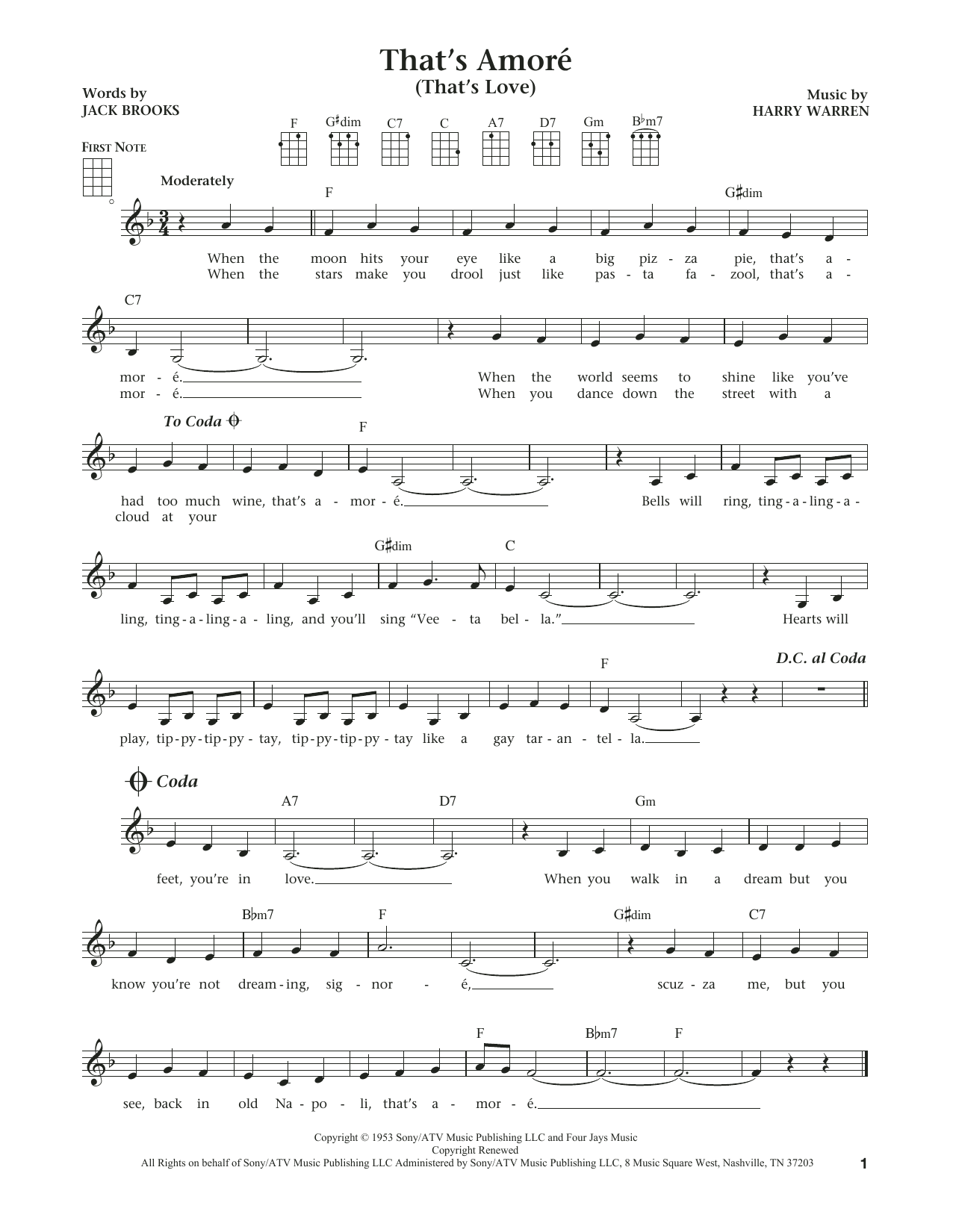 Dean Martin That's Amore (That's Love) (from The Daily Ukulele) (arr. Liz and Jim Beloff) Sheet Music