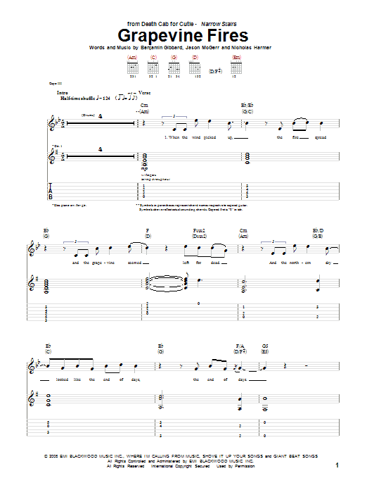 Death Cab For Cutie Grapevine Fires Sheet Music