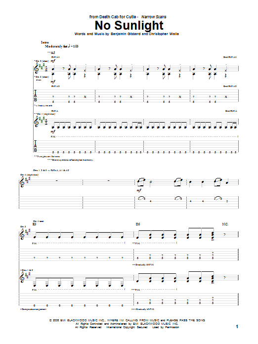 Death Cab For Cutie No Sunlight Sheet Music