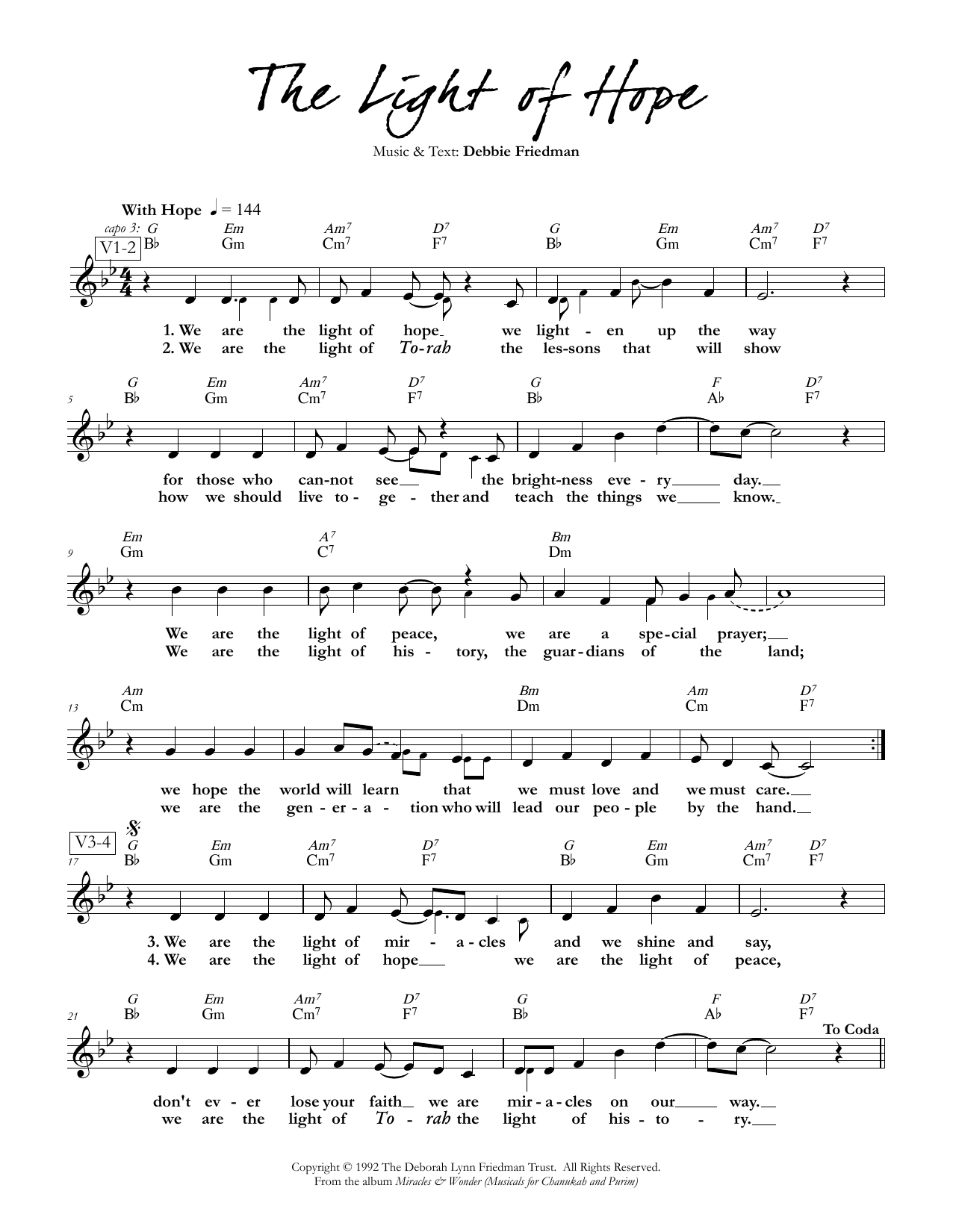 Debbie Friedman The Light of Hope Sheet Music