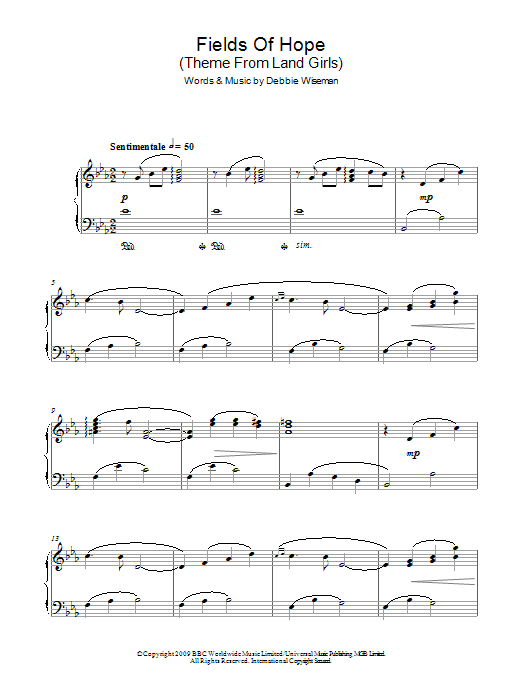 Debbie Wiseman Fields Of Hope (Theme From Land Girls) Sheet Music