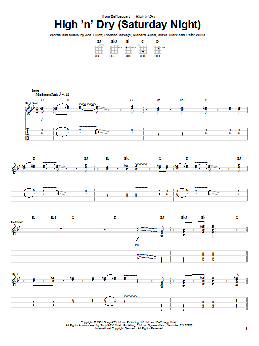 Def Leppard High 'N' Dry (Saturday Night) Sheet Music