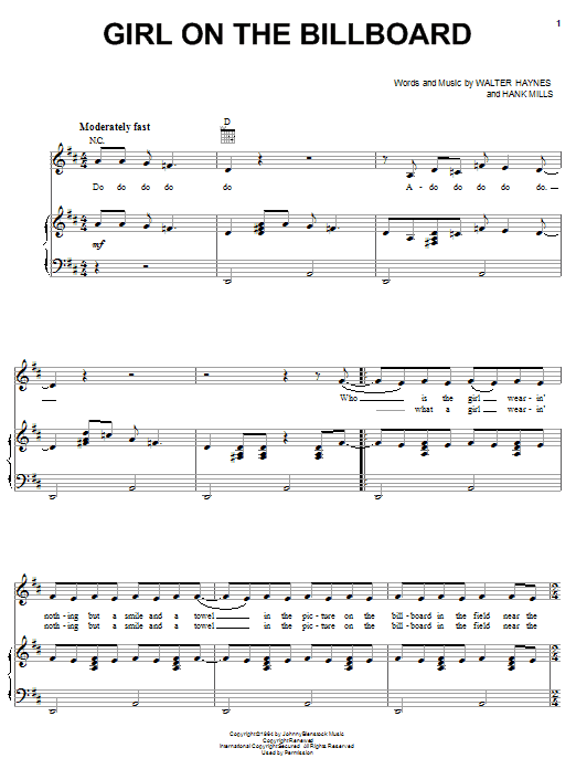 Del Reeves Girl On The Billboard Sheet Music