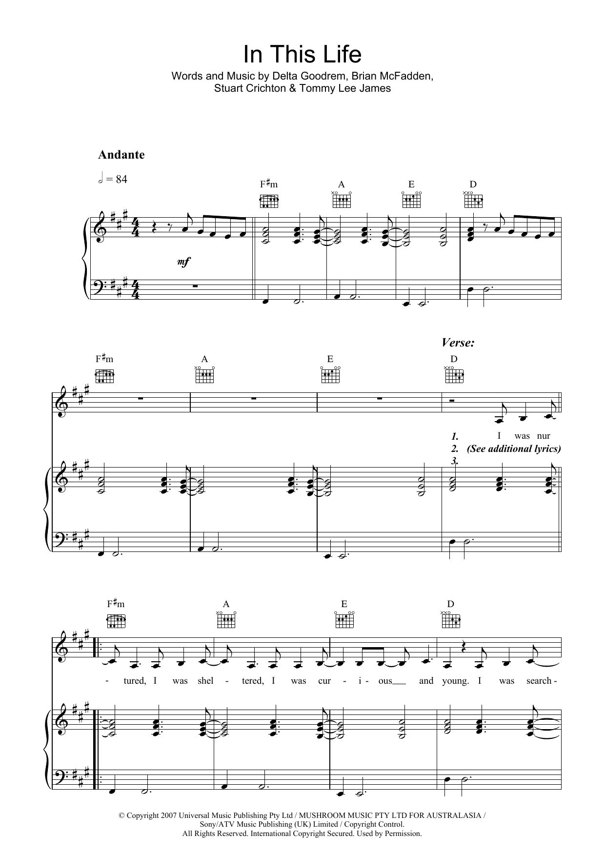 Delta Goodrem In This Life Sheet Music