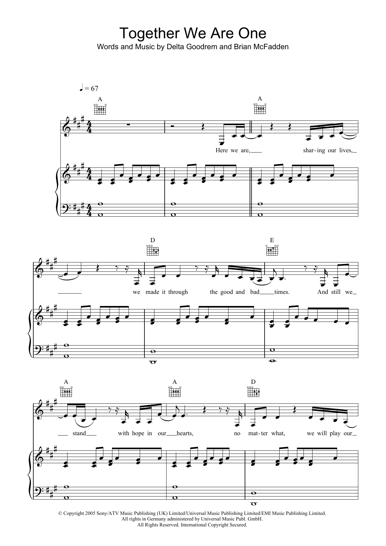 Delta Goodrem Together We Are One Sheet Music