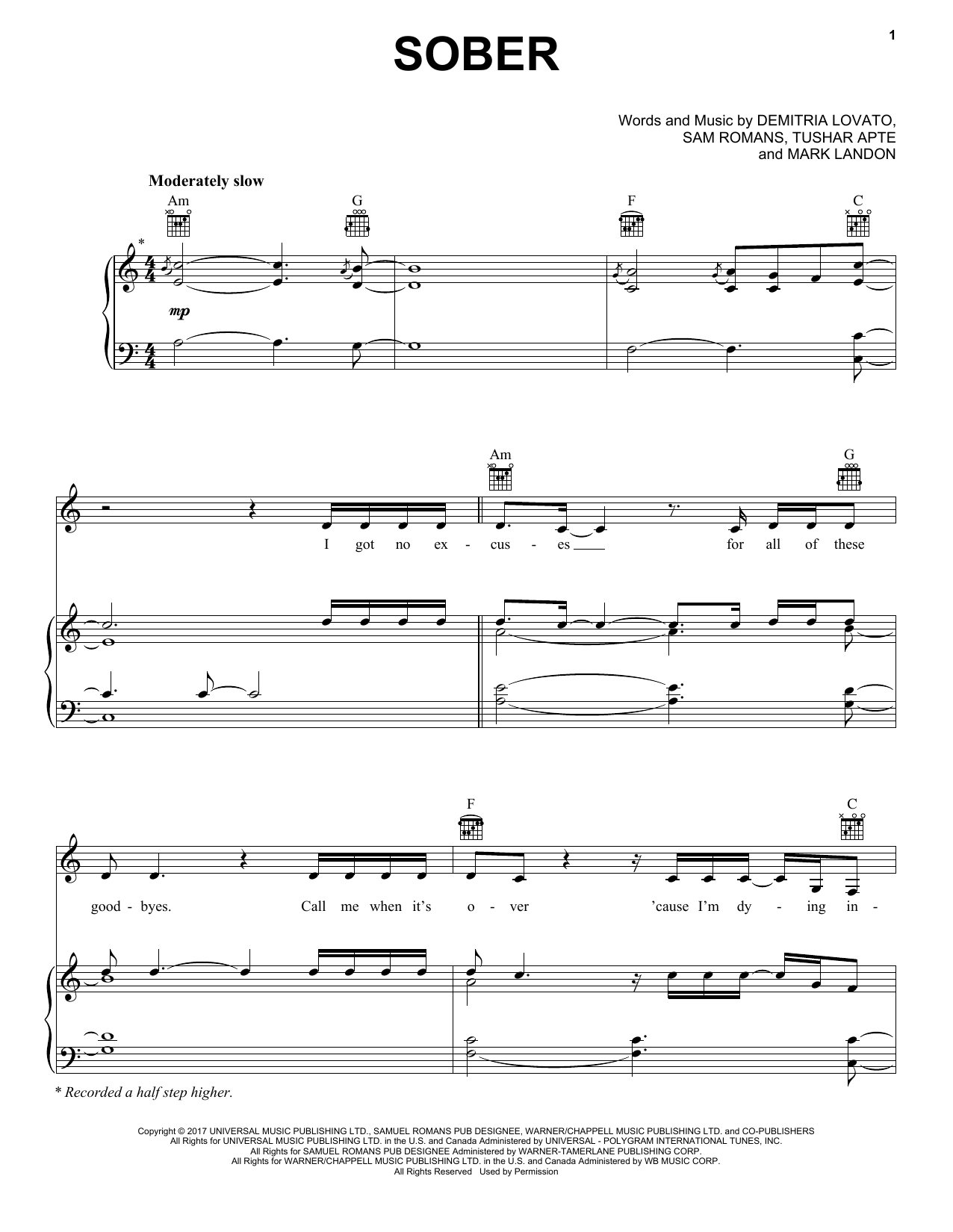 Demi Lovato Sober Sheet Music