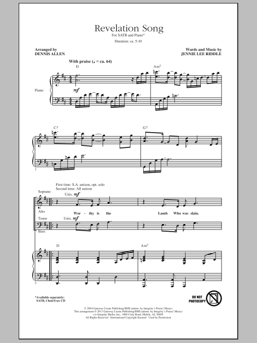 Dennis Allen Revelation Song Sheet Music