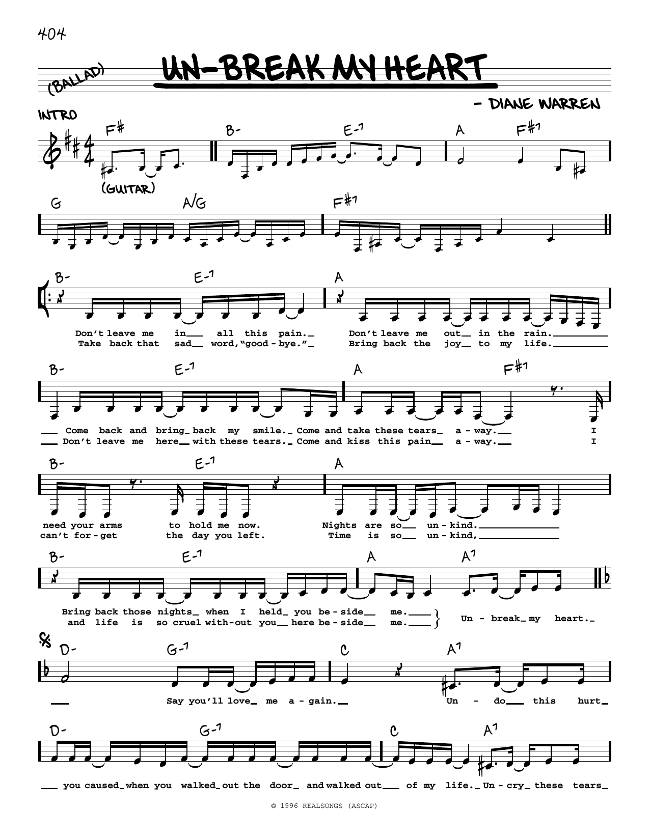 Diane Warren Un-break My Heart Sheet Music