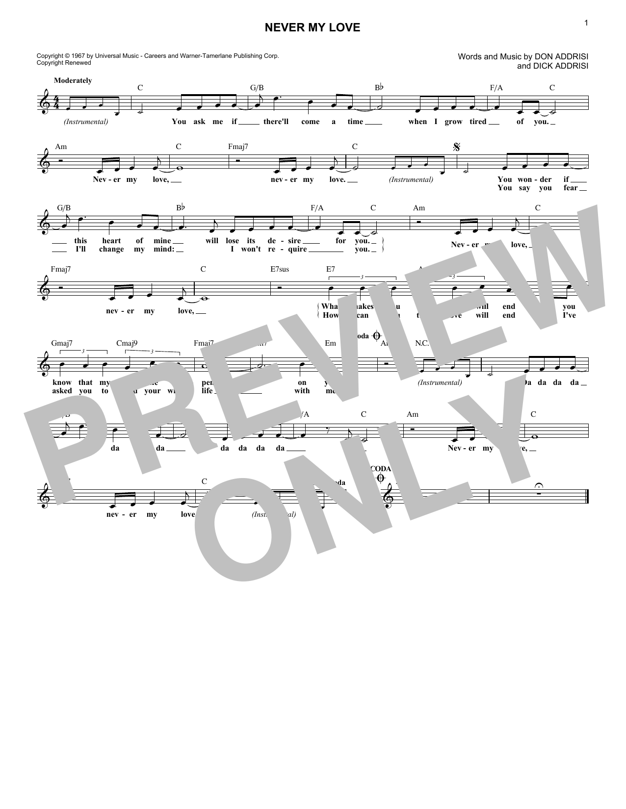 Dick Addrisi Never My Love Sheet Music