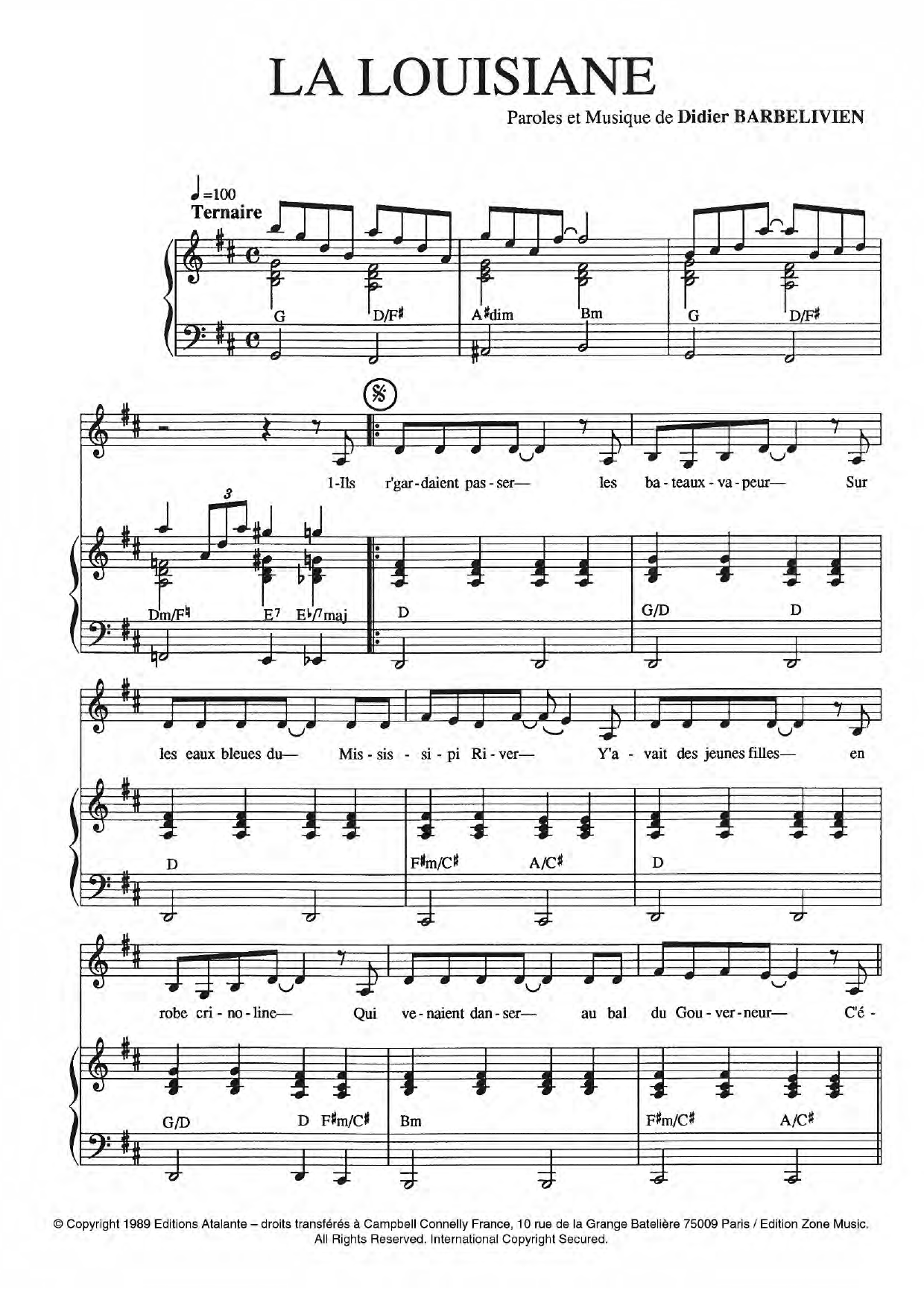 Didier Barbelivien La Louisiane Sheet Music