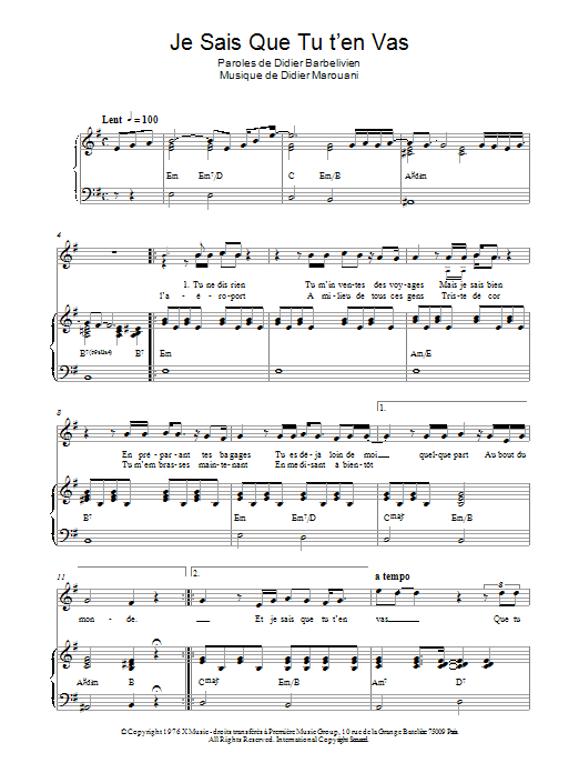 Didier Marouani Je Sais Que Tu T'en Vas Sheet Music
