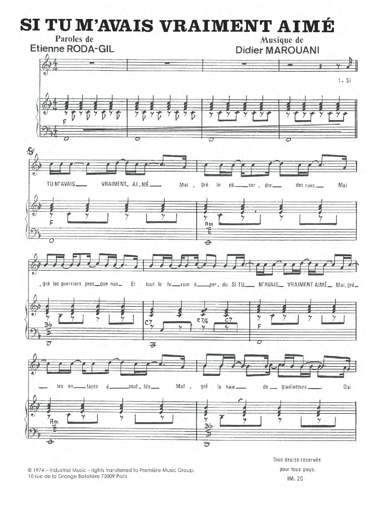 Didier Marouani Si Tu M'avais Vraiment Aime Sheet Music