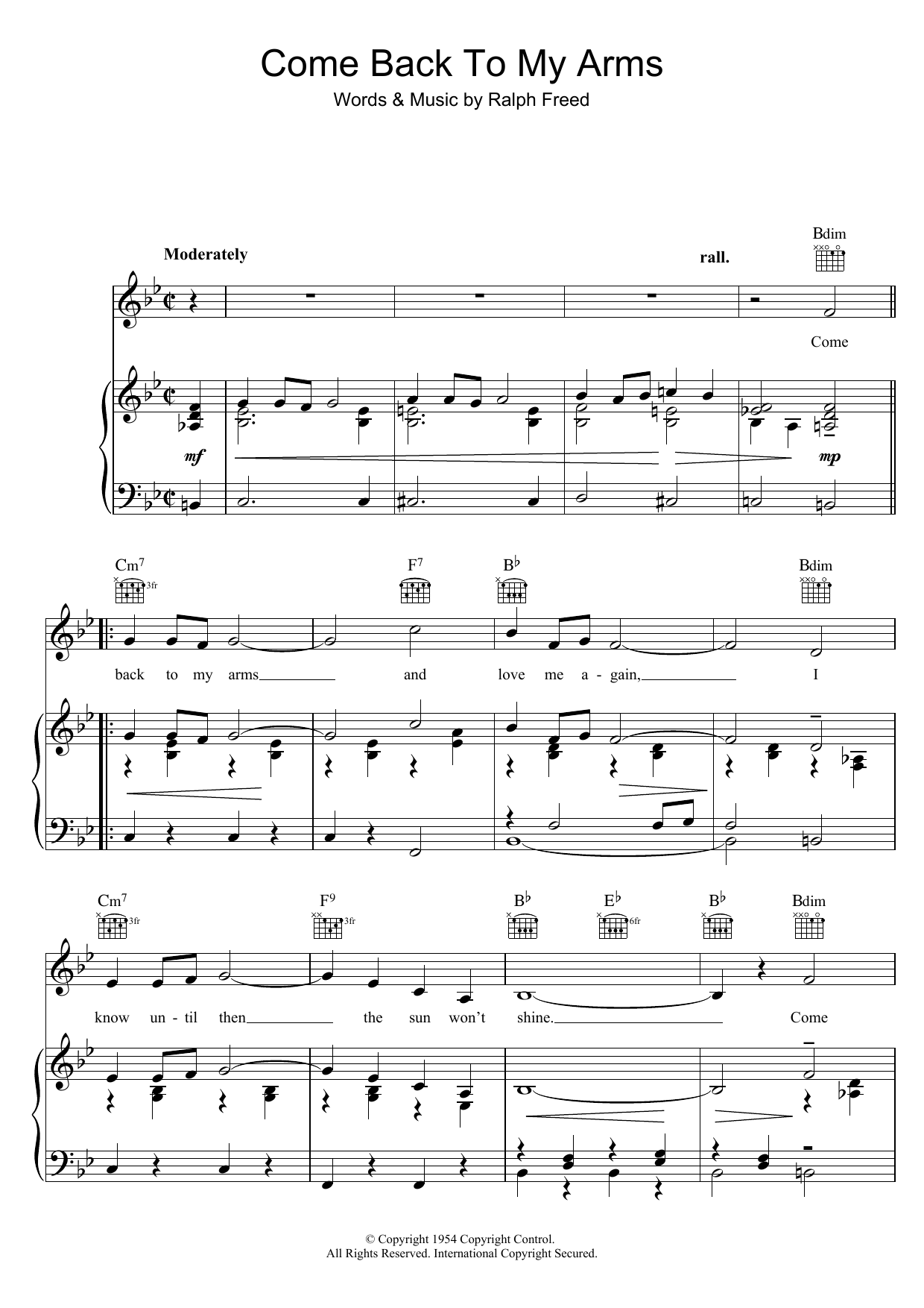Dinah Shore Come Back To My Arms Sheet Music