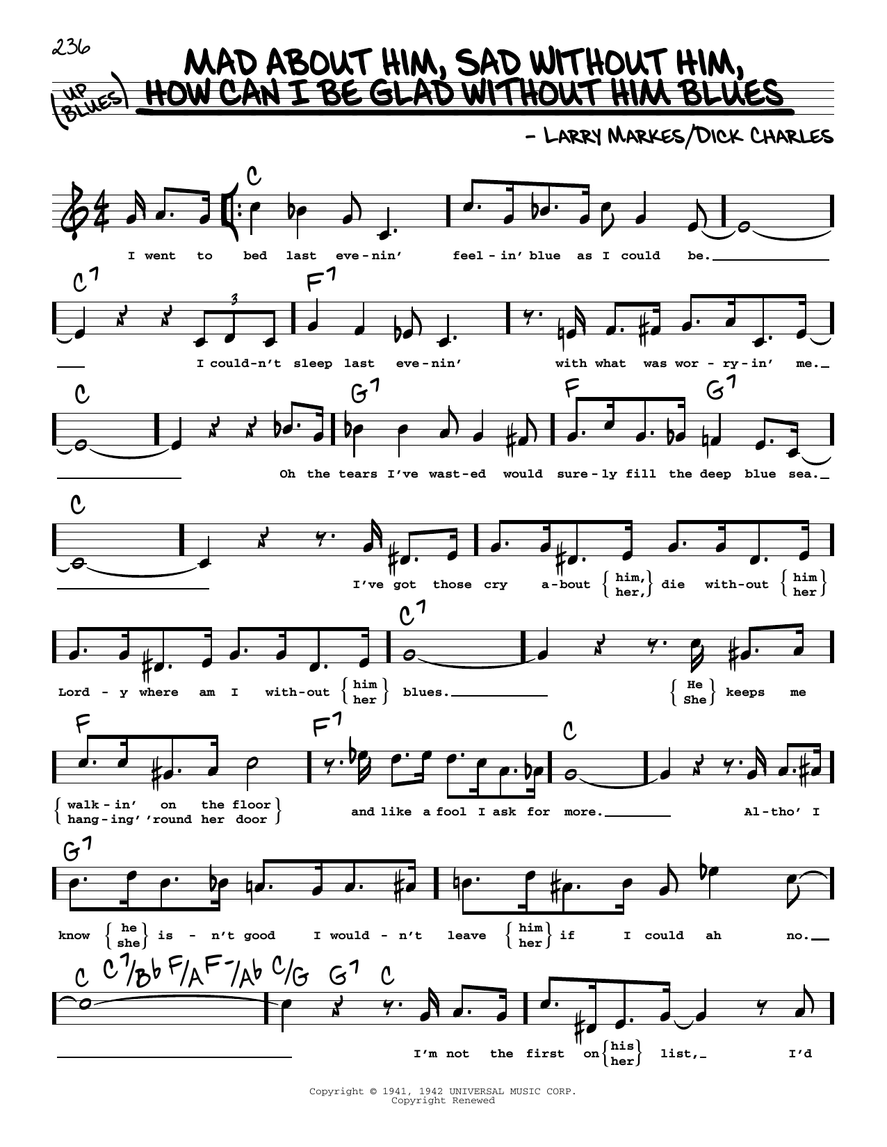 Dinah Shore Mad About Him, Sad Without Him, How Can I Be Glad Without Him Blues (High Voice) Sheet Music